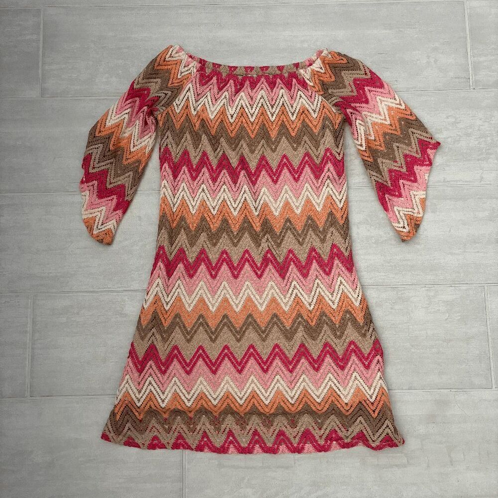 TACERA Dress Sheath Multicolor Zigzag Lined Boho Chevron Crochet Design Pink S